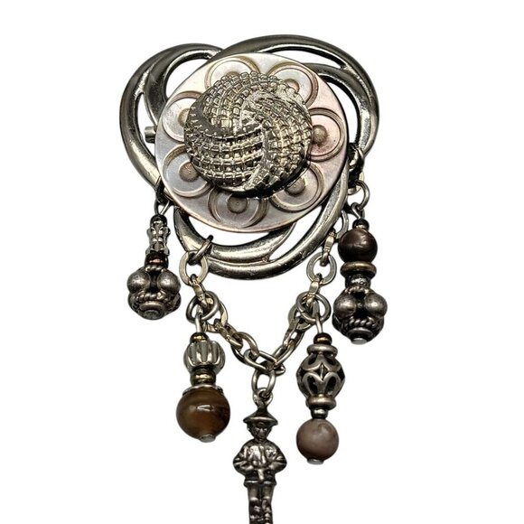 Dangling Charm Brooch Abalone Etched Circle Silver Tone Top 925 Charms - Picture 2 of 6